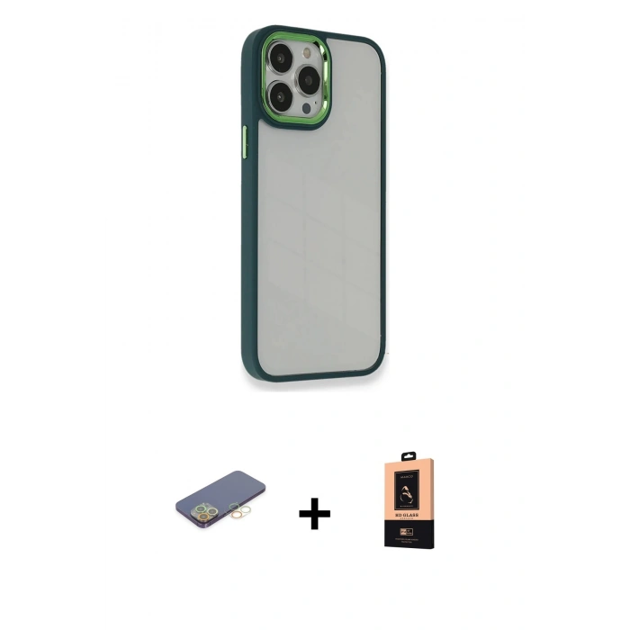 MARSİLYAN™- iPhone 13 Pro Max Kılıf Eksen Doku Prime - Şeffaf Maxco Cam Ekran Koruyucu + Renkli Kamera Lens Koruma Cam - SI