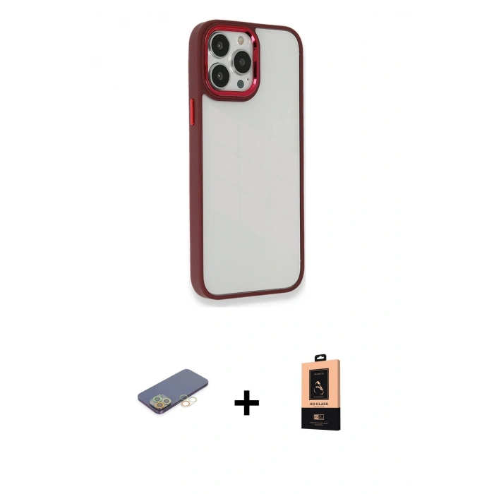 MARSİLYAN™- iPhone 13 Pro Max Kılıf Eksen Doku Prime - Şeffaf Maxco Cam Ekran Koruyucu + Renkli Kamera Lens Koruma Cam - SI
