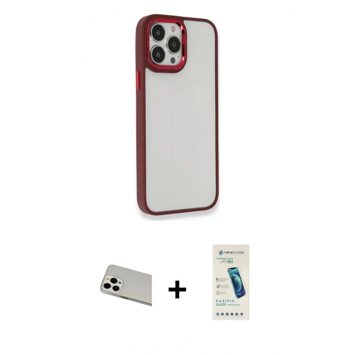MARSİLYAN™- iPhone 13 Pro Max Kılıf Eksen Doku Prime - Şeffaf Pasifik Cam Ekran Koruyucu + Beyaz Rainbow Kamera Lens Koruma Cam