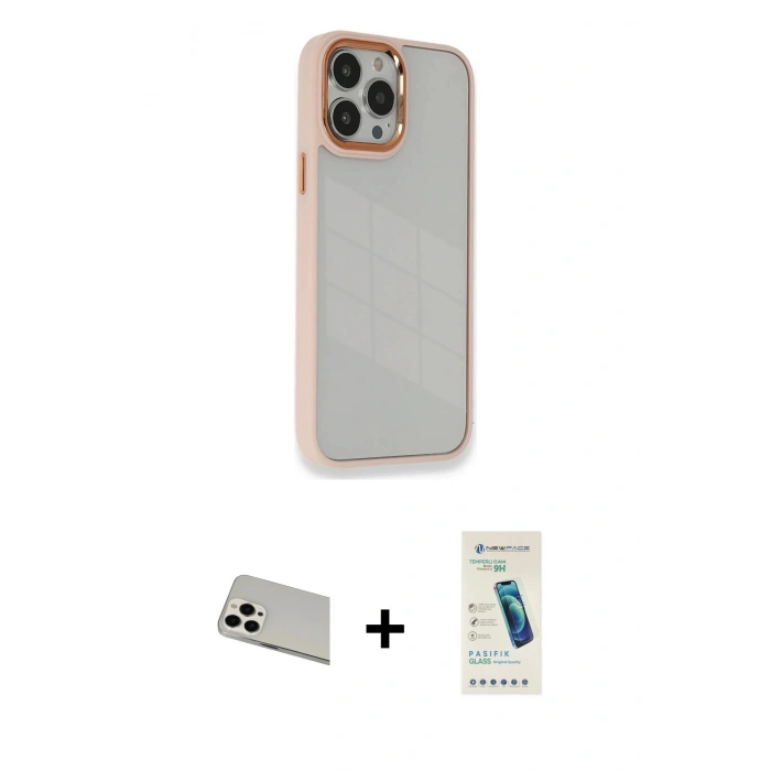 MARSİLYAN™- iPhone 13 Pro Max Kılıf Eksen Doku Prime - Şeffaf Pasifik Cam Ekran Koruyucu + Beyaz Rainbow Kamera Lens Koruma Cam