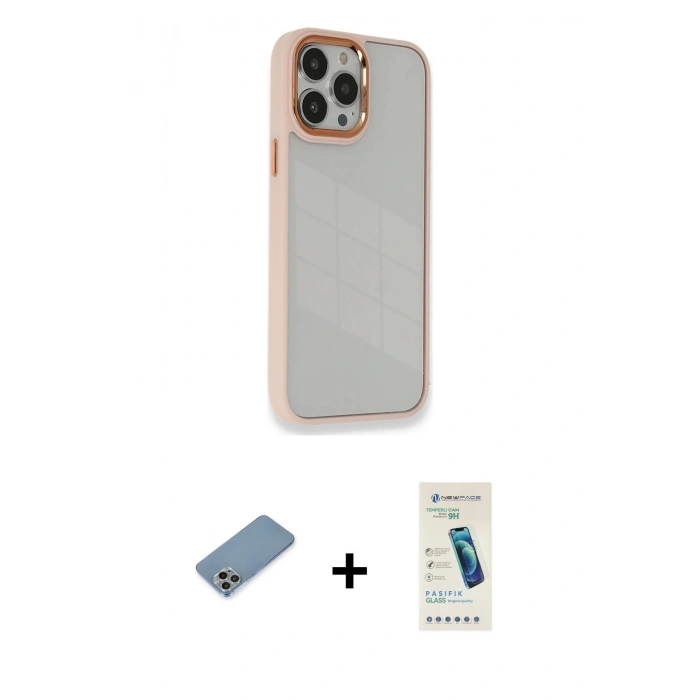 MARSİLYAN™- iPhone 13 Pro Max Kılıf Eksen Doku Prime - Şeffaf Pasifik Cam Ekran Koruyucu + Shine Kamera Lens Koruma Cam - GI