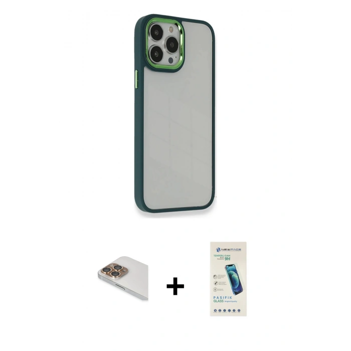 MARSİLYAN™- iPhone 13 Pro Max Kılıf Eksen Doku Prime - Şeffaf Pasifik Cam Ekran Koruyucu + Pers Alüminyum Kamera Lens - GD
