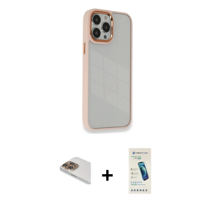 MARSİLYAN™- iPhone 13 Pro Max Kılıf Eksen Doku Prime - Şeffaf Pasifik Cam Ekran Koruyucu + Pers Alüminyum Kamera Lens - GD