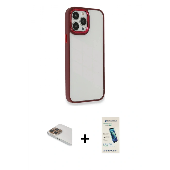 MARSİLYAN™- iPhone 13 Pro Max Kılıf Eksen Doku Prime - Şeffaf Pasifik Cam Ekran Koruyucu + Pers Alüminyum Kamera Lens - GD