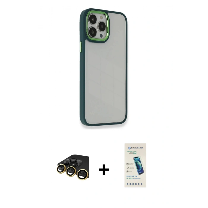 MARSİLYAN™- iPhone 13 Pro Max Kılıf Eksen Doku Prime - Şeffaf Pasifik Cam Ekran Koruyucu + Raze Metal Kamera Lens - GD