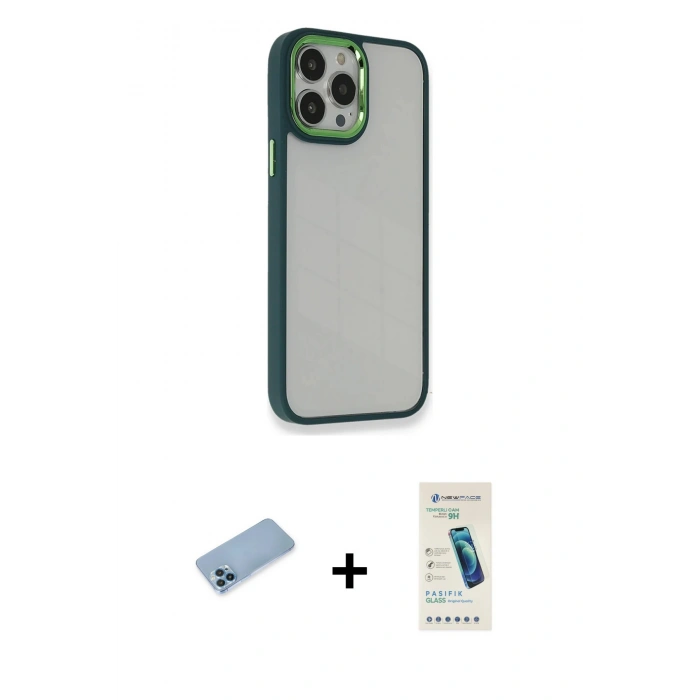MARSİLYAN™- iPhone 13 Pro Max Kılıf Eksen Doku Prime - Şeffaf Pasifik Cam Ekran Koruyucu + Mavi Shine Kamera Lens Koruma Cam