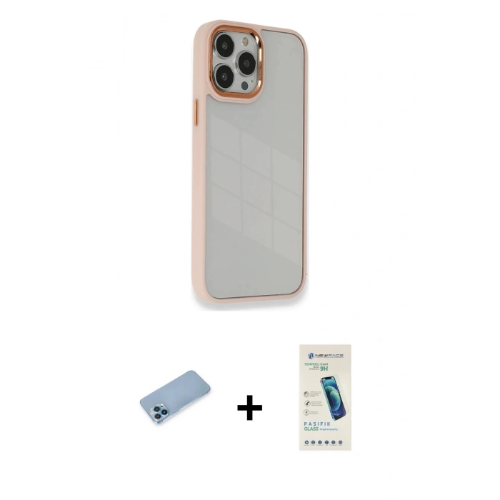 MARSİLYAN™- iPhone 13 Pro Max Kılıf Eksen Doku Prime - Şeffaf Pasifik Cam Ekran Koruyucu + Mavi Shine Kamera Lens Koruma Cam