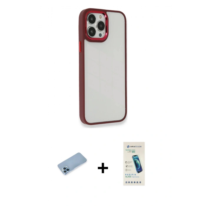 MARSİLYAN™- iPhone 13 Pro Max Kılıf Eksen Doku Prime - Şeffaf Pasifik Cam Ekran Koruyucu + Mavi Shine Kamera Lens Koruma Cam