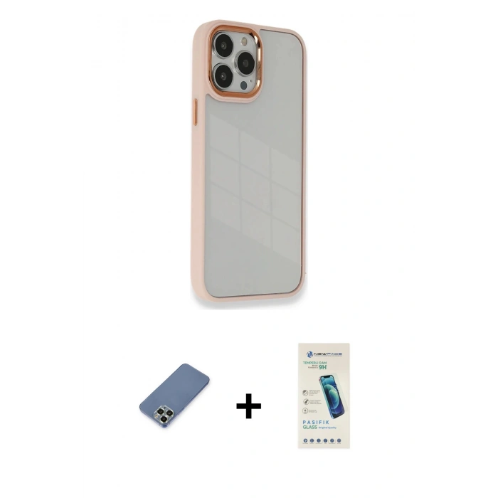 MARSİLYAN™- iPhone 13 Pro Max Kılıf Eksen Doku Prime - Şeffaf Pasifik Cam Ekran Koruyucu + Metal Kamera Lens Koruma Cam - AKYL