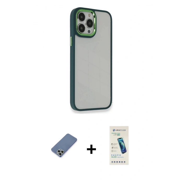 MARSİLYAN™- iPhone 13 Pro Max Kılıf Eksen Doku Prime - Şeffaf Pasifik Cam Ekran Koruyucu + Metal Kamera Lens Koruma Cam - AKYL
