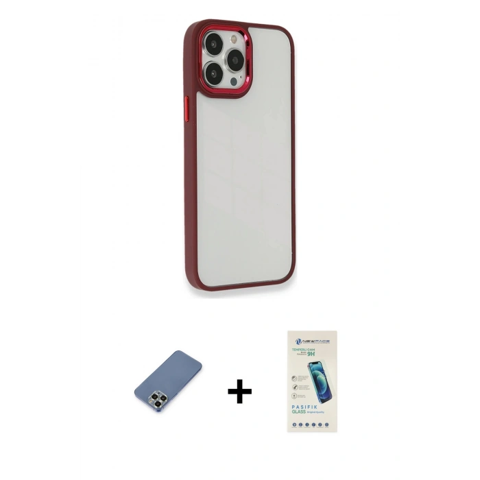 MARSİLYAN™- iPhone 13 Pro Max Kılıf Eksen Doku Prime - Şeffaf Pasifik Cam Ekran Koruyucu + Metal Kamera Lens Koruma Cam - AKYL