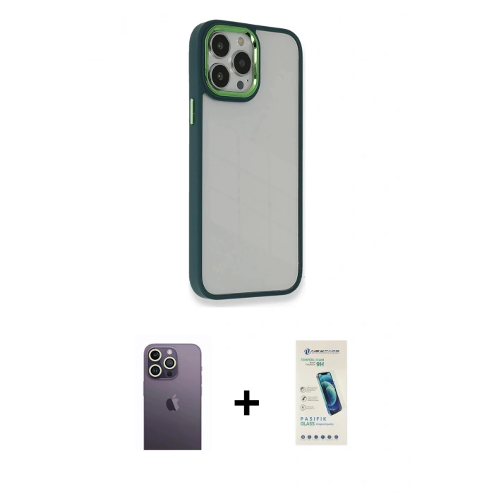 MARSİLYAN™- iPhone 13 Pro Max Kılıf Eksen Doku Prime - Şeffaf Pasifik Cam Ekran Koruyucu + Neon Fosforlu Kamera Lens - BZ