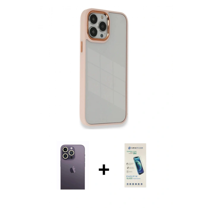 MARSİLYAN™- iPhone 13 Pro Max Kılıf Eksen Doku Prime - Şeffaf Pasifik Cam Ekran Koruyucu + Neon Fosforlu Kamera Lens - BZ