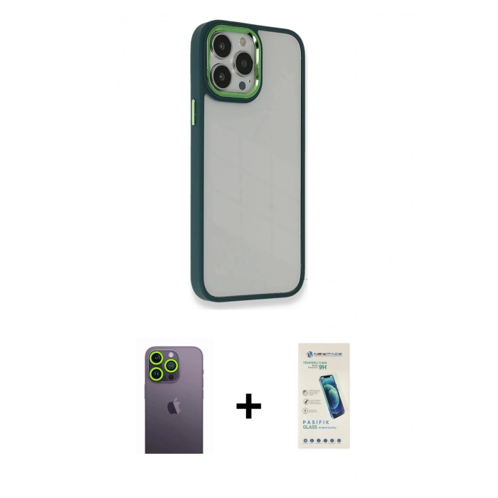 MARSİLYAN™- iPhone 13 Pro Max Kılıf Eksen Doku Prime - Şeffaf Pasifik Cam Ekran Koruyucu + Neon Fosforlu Kamera Lens - YL