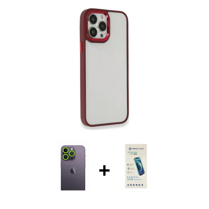 MARSİLYAN™- iPhone 13 Pro Max Kılıf Eksen Doku Prime - Şeffaf Pasifik Cam Ekran Koruyucu + Neon Fosforlu Kamera Lens - YL