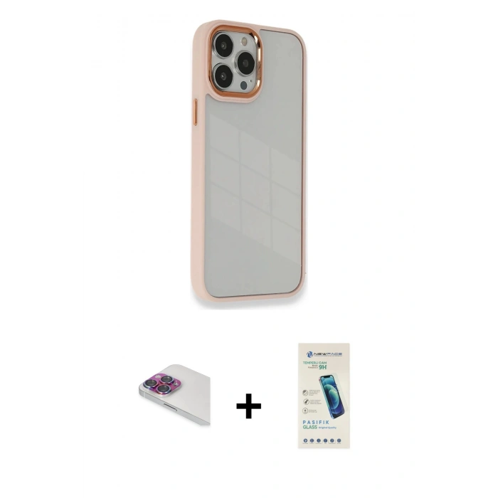 MARSİLYAN™- iPhone 13 Pro Max Kılıf Eksen Doku Prime - Şeffaf Pasifik Cam Ekran Koruyucu + Pers Alüminyum Kamera Lens - GI