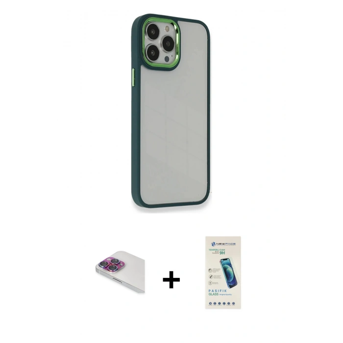 MARSİLYAN™- iPhone 13 Pro Max Kılıf Eksen Doku Prime - Şeffaf Pasifik Cam Ekran Koruyucu + Pers Alüminyum Kamera Lens - GI