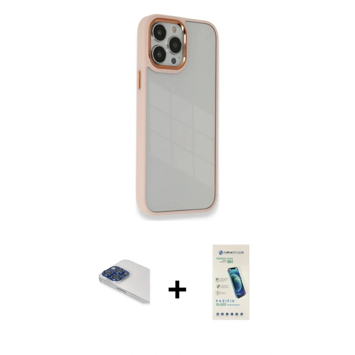 MARSİLYAN™- iPhone 13 Pro Max Kılıf Eksen Doku Prime - Şeffaf Pasifik Cam Ekran Koruyucu + Pers Alüminyum Kamera Lens - LT