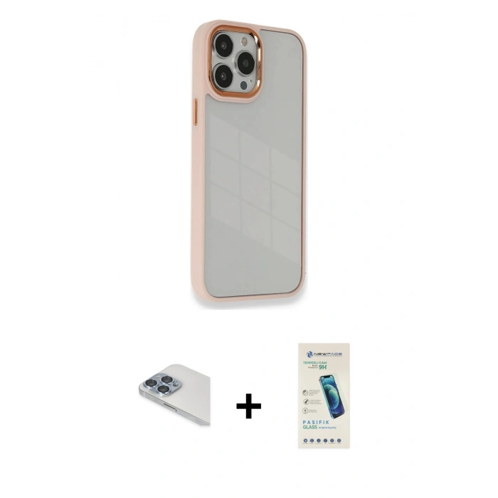 MARSİLYAN™- iPhone 13 Pro Max Kılıf Eksen Doku Prime - Şeffaf Pasifik Cam Ekran Koruyucu + Pers Alüminyum Kamera Lens - SABE