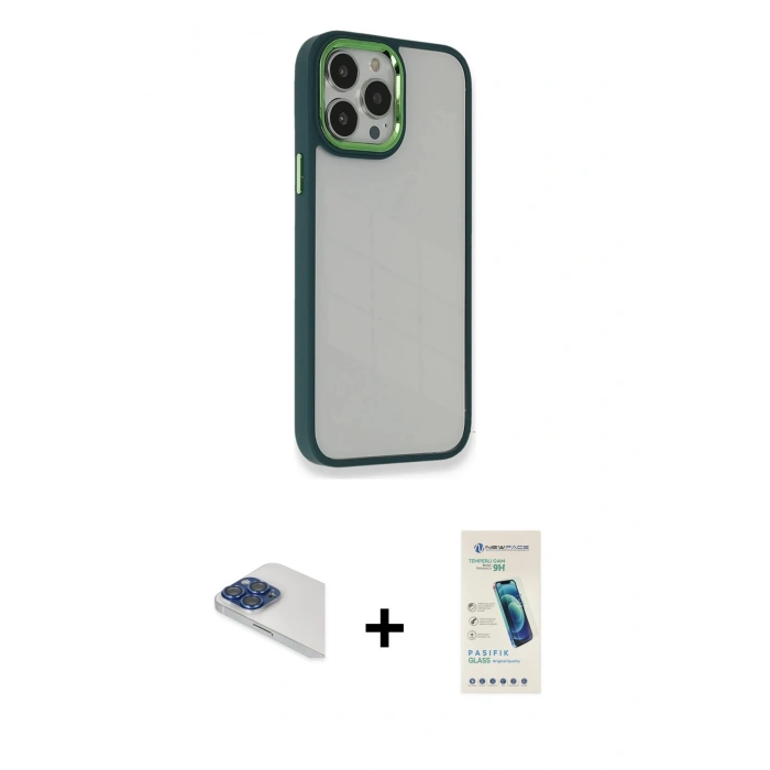 MARSİLYAN™- iPhone 13 Pro Max Kılıf Eksen Doku Prime - Şeffaf Pasifik Cam Ekran Koruyucu + Pers Alüminyum Kamera Lens - LT