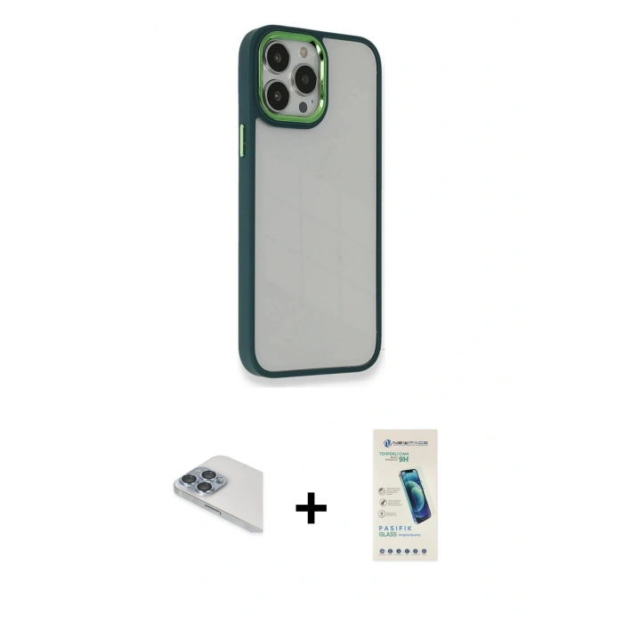 MARSİLYAN™- iPhone 13 Pro Max Kılıf Eksen Doku Prime - Şeffaf Pasifik Cam Ekran Koruyucu + Pers Alüminyum Kamera Lens - SABE