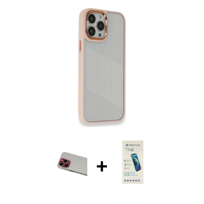 MARSİLYAN™- iPhone 13 Pro Max Kılıf Eksen Doku Prime - Şeffaf Pasifik Cam Ekran Koruyucu + Rainbow Kamera Lens Koruma Cam - KI