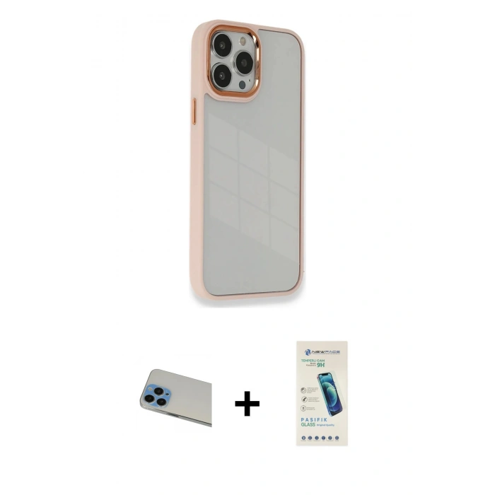 MARSİLYAN™- iPhone 13 Pro Max Kılıf Eksen Doku Prime - Şeffaf Pasifik Cam Ekran Koruyucu + Rainbow Kamera Lens Koruma Cam - MI