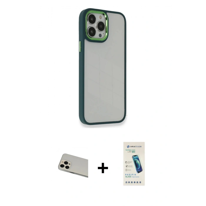 MARSİLYAN™- iPhone 13 Pro Max Kılıf Eksen Doku Prime - Şeffaf Pasifik Cam Ekran Koruyucu + Rainbow Kamera Lens Koruma Cam - REGD
