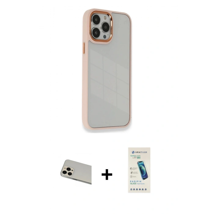 MARSİLYAN™- iPhone 13 Pro Max Kılıf Eksen Doku Prime - Şeffaf Pasifik Cam Ekran Koruyucu + Rainbow Kamera Lens Koruma Cam - REGD