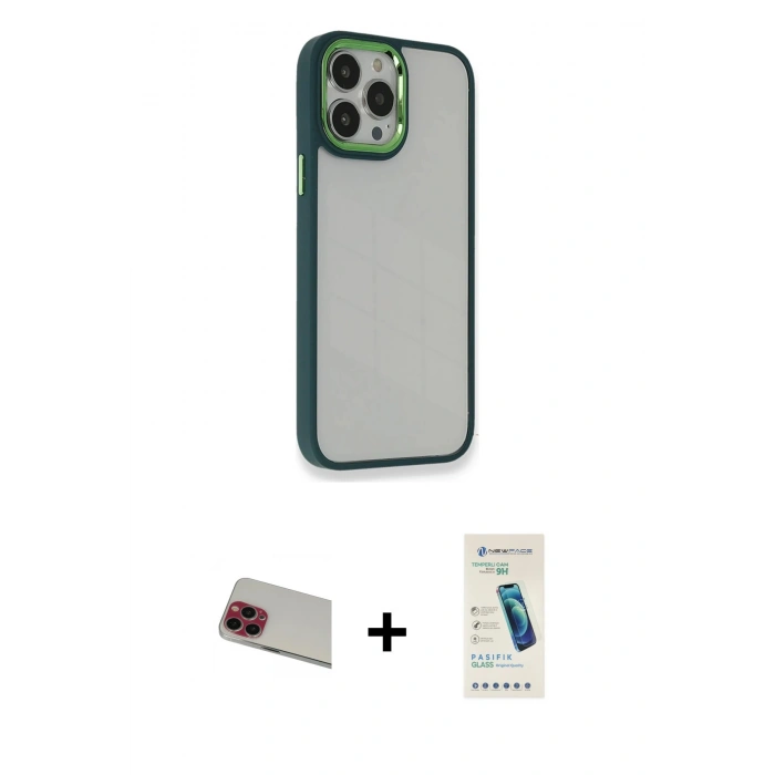MARSİLYAN™- iPhone 13 Pro Max Kılıf Eksen Doku Prime - Şeffaf Pasifik Cam Ekran Koruyucu + Rainbow Kamera Lens Koruma Cam - KI