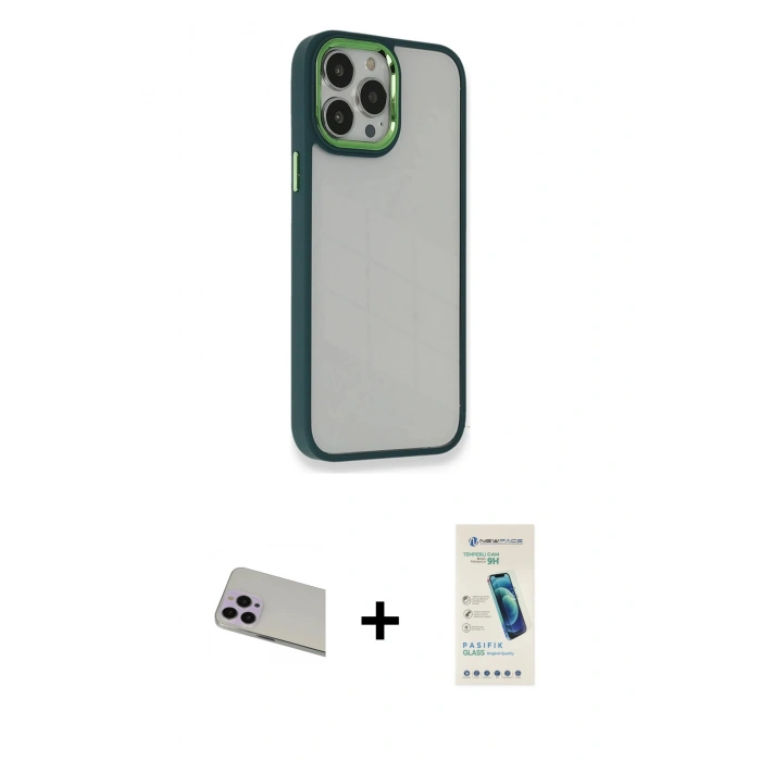 MARSİLYAN™- iPhone 13 Pro Max Kılıf Eksen Doku Prime - Şeffaf Pasifik Cam Ekran Koruyucu + Rainbow Kamera Lens Koruma Cam - MR