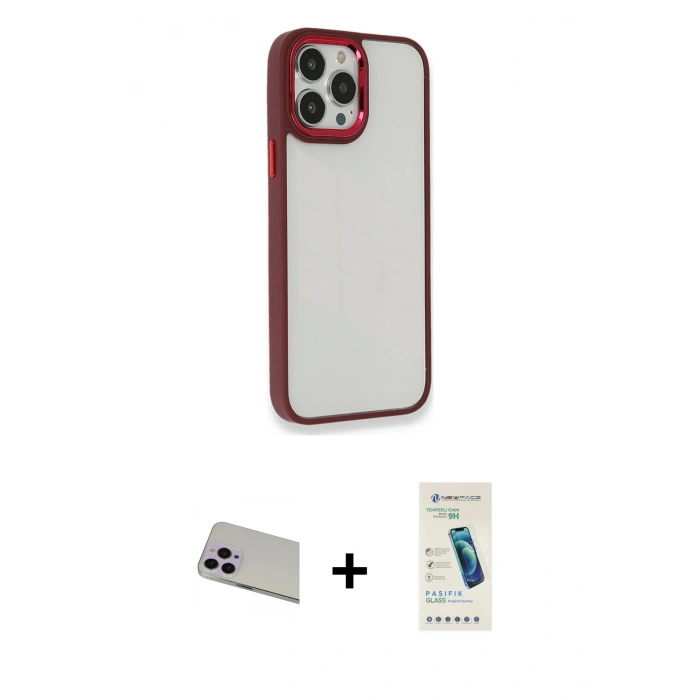 MARSİLYAN™- iPhone 13 Pro Max Kılıf Eksen Doku Prime - Şeffaf Pasifik Cam Ekran Koruyucu + Rainbow Kamera Lens Koruma Cam - MR