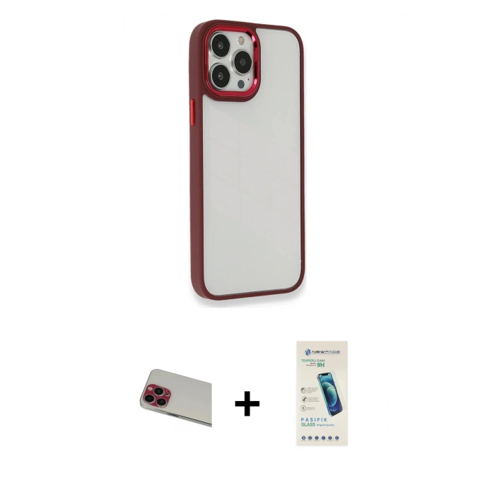 MARSİLYAN™- iPhone 13 Pro Max Kılıf Eksen Doku Prime - Şeffaf Pasifik Cam Ekran Koruyucu + Rainbow Kamera Lens Koruma Cam - KI