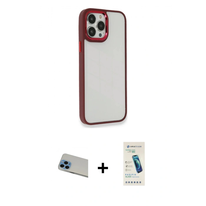 MARSİLYAN™- iPhone 13 Pro Max Kılıf Eksen Doku Prime - Şeffaf Pasifik Cam Ekran Koruyucu + Rainbow Kamera Lens Koruma Cam - MI