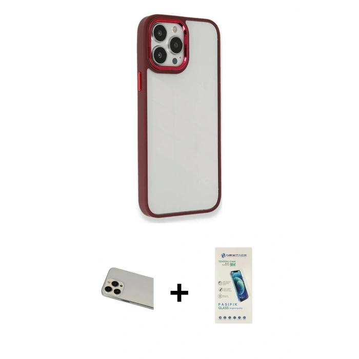 MARSİLYAN™- iPhone 13 Pro Max Kılıf Eksen Doku Prime - Şeffaf Pasifik Cam Ekran Koruyucu + Rainbow Kamera Lens Koruma Cam - REGD
