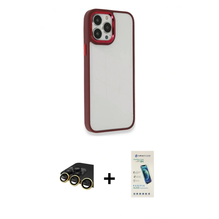 MARSİLYAN™- iPhone 13 Pro Max Kılıf Eksen Doku Prime - Şeffaf Pasifik Cam Ekran Koruyucu + Raze Metal Kamera Lens - GD