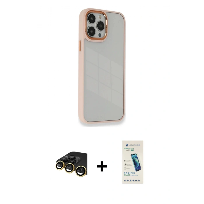 MARSİLYAN™- iPhone 13 Pro Max Kılıf Eksen Doku Prime - Şeffaf Pasifik Cam Ekran Koruyucu + Raze Metal Kamera Lens - GD