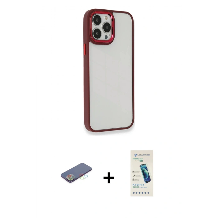MARSİLYAN™- iPhone 13 Pro Max Kılıf Eksen Doku Prime - Şeffaf Pasifik Cam Ekran Koruyucu + Renkli Kamera Lens Koruma Cam - MI