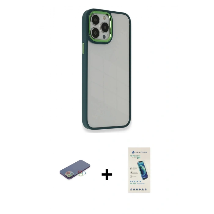 MARSİLYAN™- iPhone 13 Pro Max Kılıf Eksen Doku Prime - Şeffaf Pasifik Cam Ekran Koruyucu + Renkli Kamera Lens Koruma Cam - MI