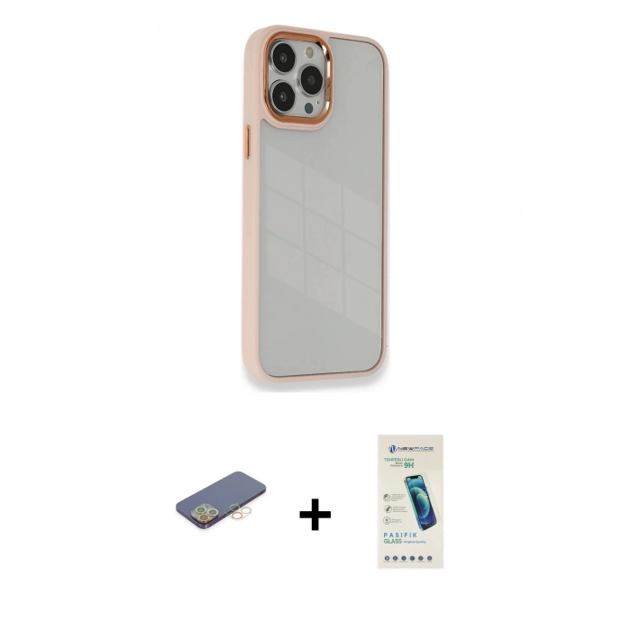 MARSİLYAN™- iPhone 13 Pro Max Kılıf Eksen Doku Prime - Şeffaf Pasifik Cam Ekran Koruyucu + Sarı Renkli Kamera Lens Koruma Cam
