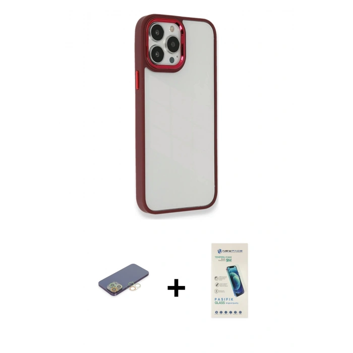 MARSİLYAN™- iPhone 13 Pro Max Kılıf Eksen Doku Prime - Şeffaf Pasifik Cam Ekran Koruyucu + Sarı Renkli Kamera Lens Koruma Cam