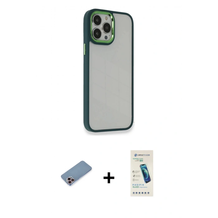 MARSİLYAN™- iPhone 13 Pro Max Kılıf Eksen Doku Prime - Şeffaf Pasifik Cam Ekran Koruyucu + Shine Kamera Lens Koruma Cam - PE