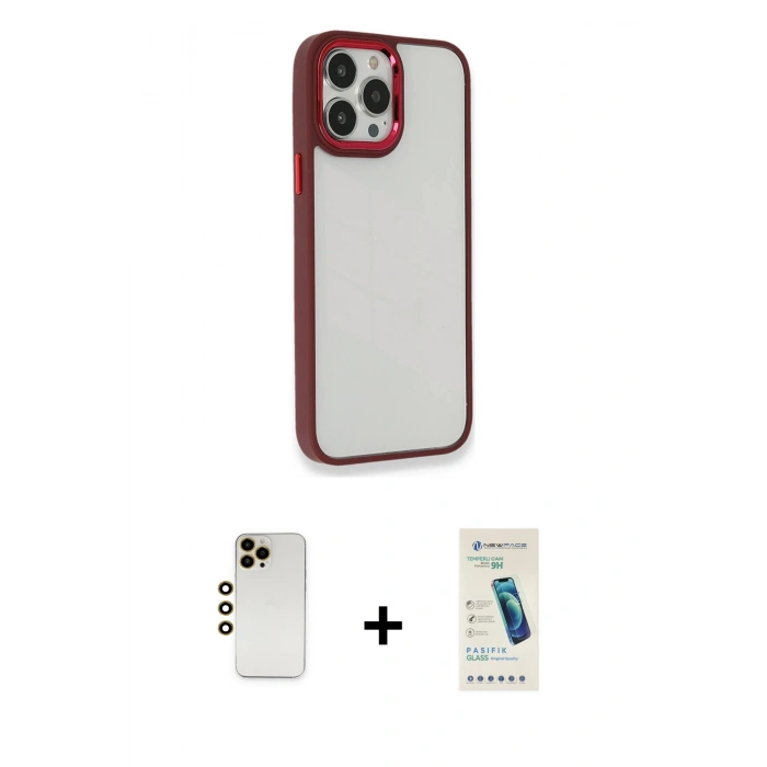 MARSİLYAN™- iPhone 13 Pro Max Kılıf Eksen Doku Prime - Şeffaf Pasifik Cam Ekran Koruyucu + Shine Kamera Lens - GD