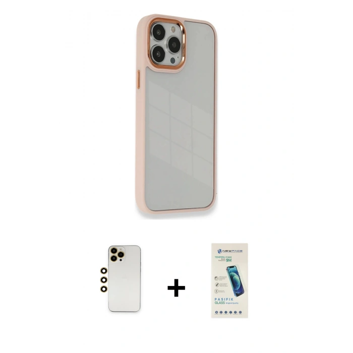 MARSİLYAN™- iPhone 13 Pro Max Kılıf Eksen Doku Prime - Şeffaf Pasifik Cam Ekran Koruyucu + Shine Kamera Lens - GD