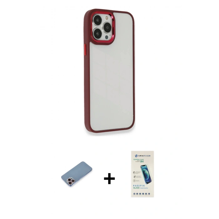 MARSİLYAN™- iPhone 13 Pro Max Kılıf Eksen Doku Prime - Şeffaf Pasifik Cam Ekran Koruyucu + Shine Kamera Lens Koruma Cam - PE