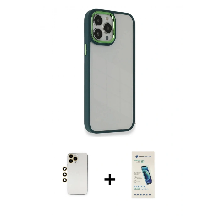 MARSİLYAN™- iPhone 13 Pro Max Kılıf Eksen Doku Prime - Şeffaf Pasifik Cam Ekran Koruyucu + Shine Kamera Lens - GD