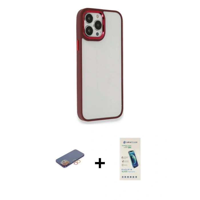MARSİLYAN™- iPhone 13 Pro Max Kılıf Eksen Doku Prime - Şeffaf Pasifik Cam Ekran Koruyucu + Renkli Kamera Lens Koruma Cam - TU