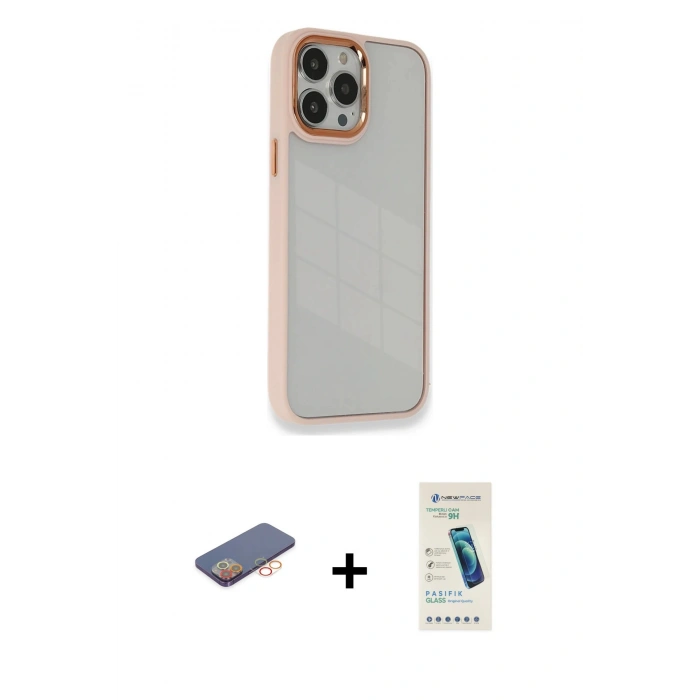 MARSİLYAN™- iPhone 13 Pro Max Kılıf Eksen Doku Prime - Şeffaf Pasifik Cam Ekran Koruyucu + Renkli Kamera Lens Koruma Cam - TU