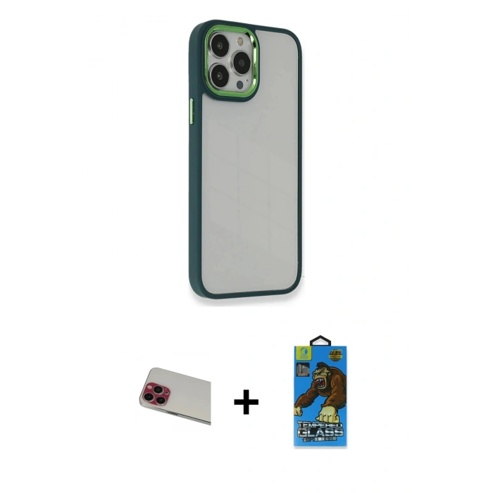 MARSİLYAN™- iPhone 13 Pro Max Kılıf Eksen Doku Prime - Siyah 18D Cam Ekran Koruyucu + Kırmızı Rainbow Kamera Lens Koruma Cam