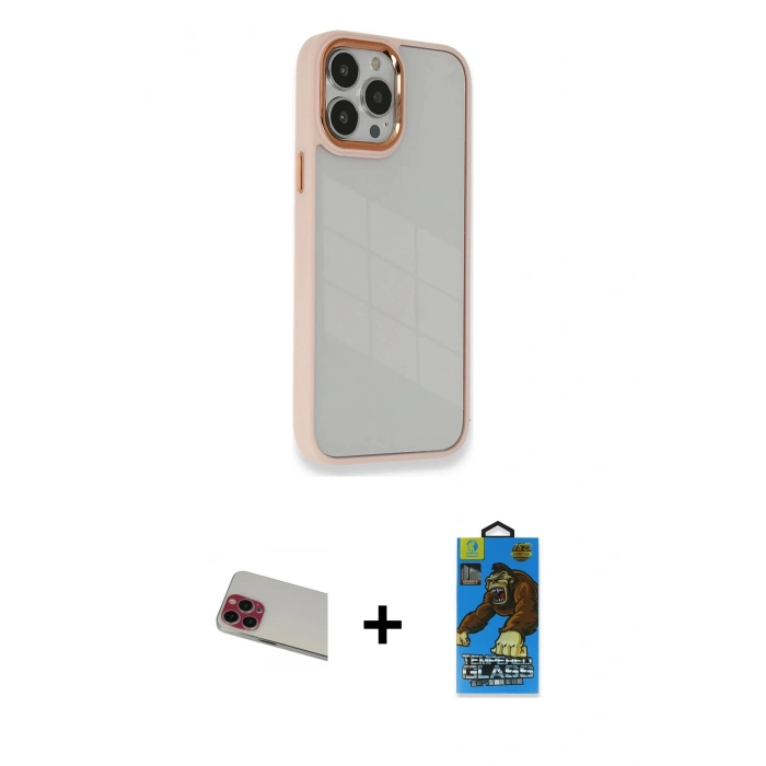 MARSİLYAN™- iPhone 13 Pro Max Kılıf Eksen Doku Prime - Siyah 18D Cam Ekran Koruyucu + Kırmızı Rainbow Kamera Lens Koruma Cam